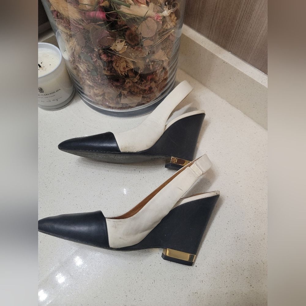 Tory Burch Black and White Slingback Wedge Pumps - Picture 6 of 8